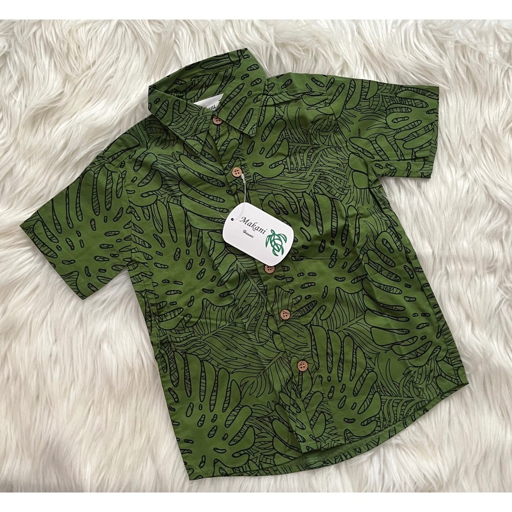 NWT Hawaiian Aloha Shirt 2T Makani Green Monstera Fen